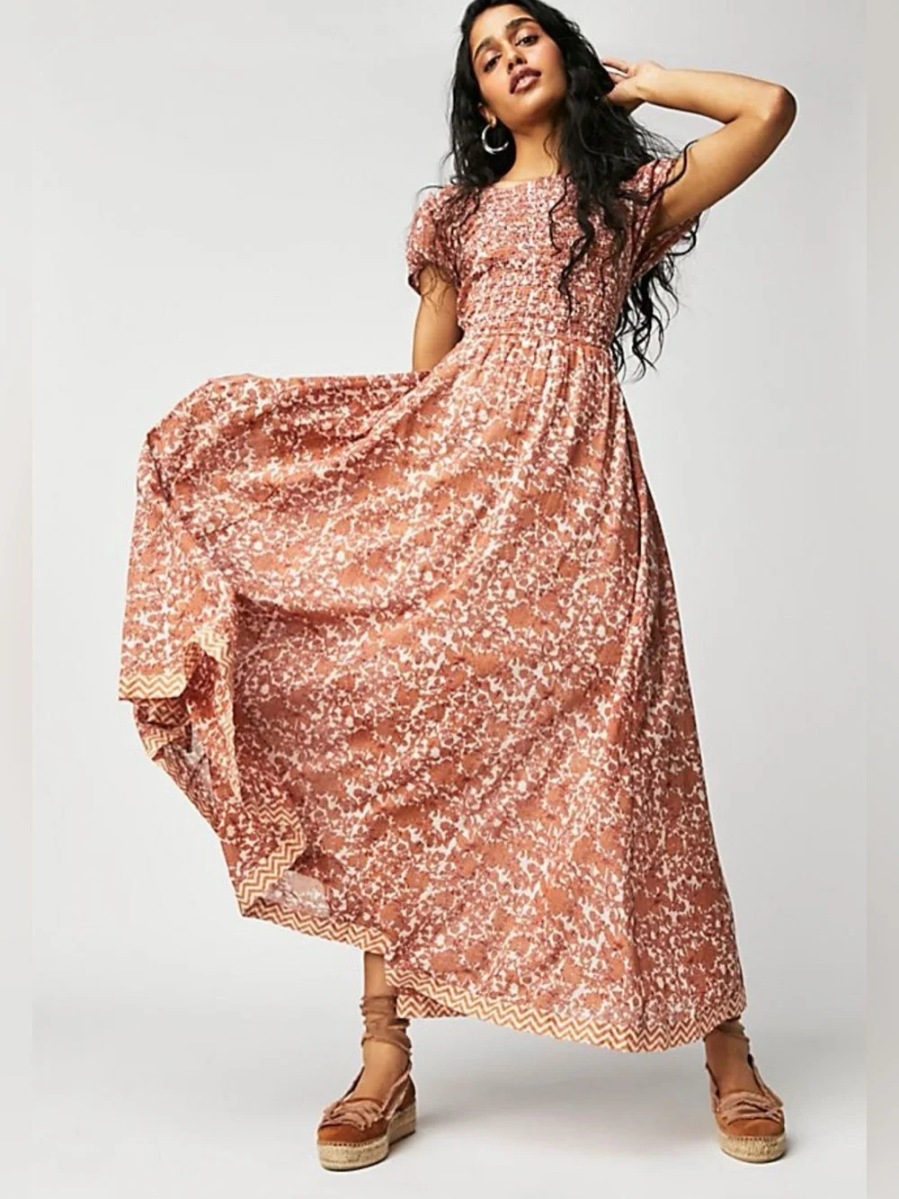 Free People Rust-Pink Floral Smocked Maxi Dress